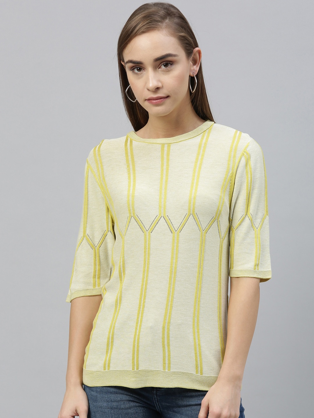 RAREISM Women Yellow Printed Knitted Top