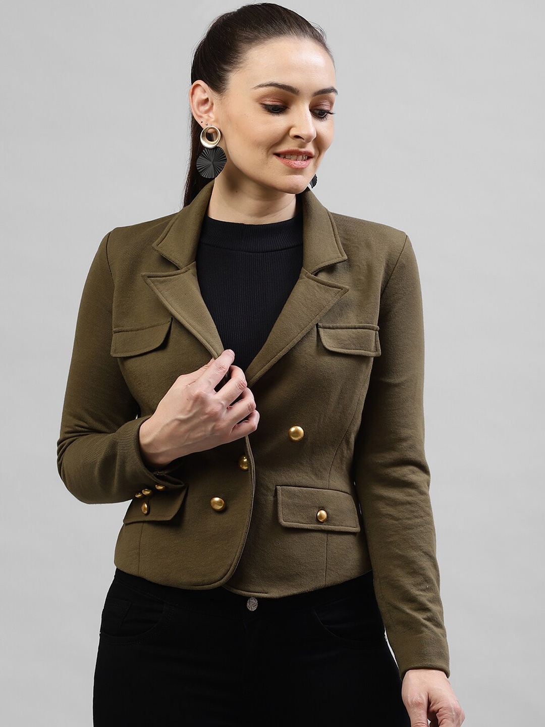 

KASSUALLY Women Olive Green Solid Single-Breasted Casual Blazer