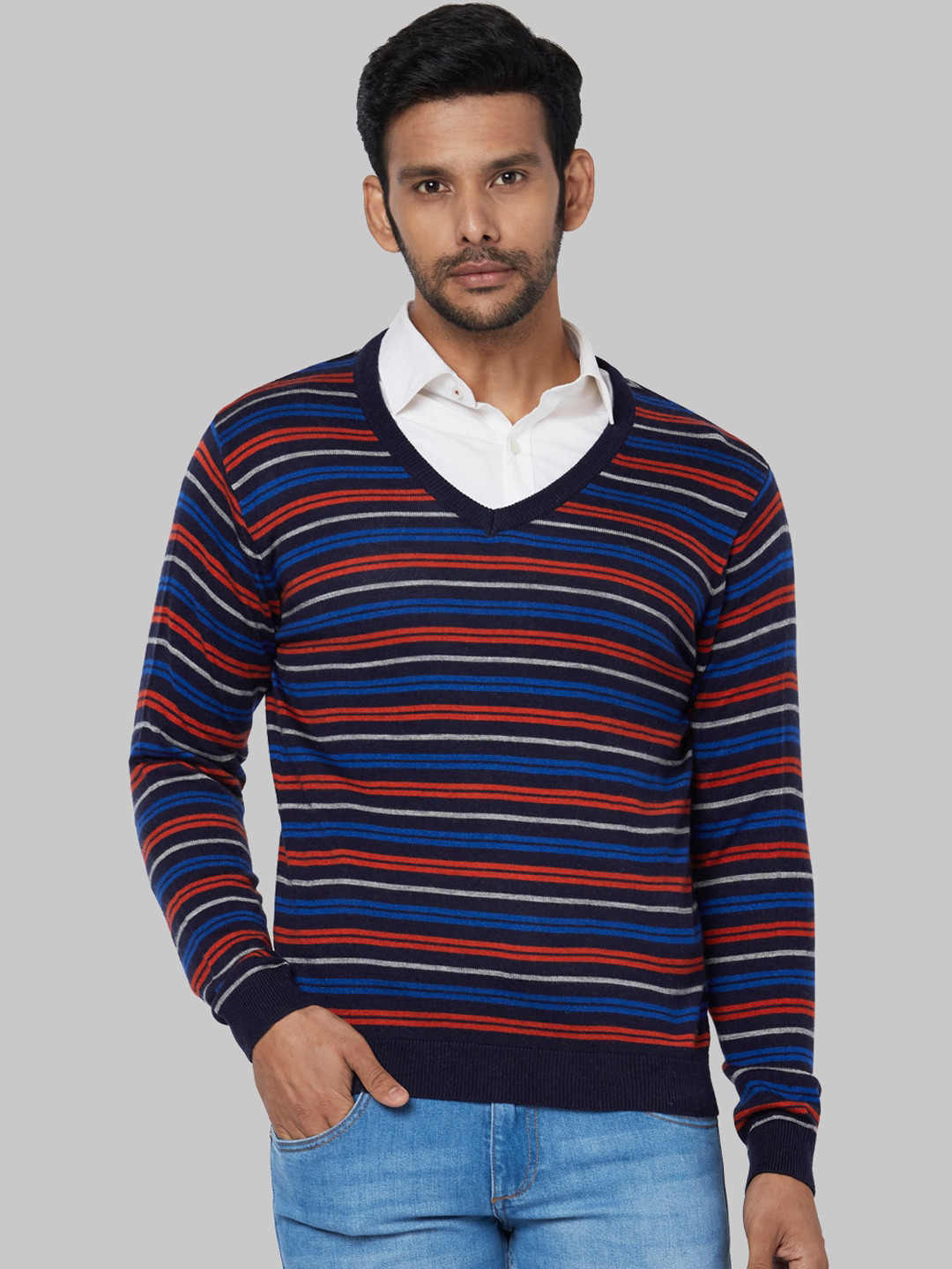 

Park Avenue Men Navy-Blue & Red Striped Sweater