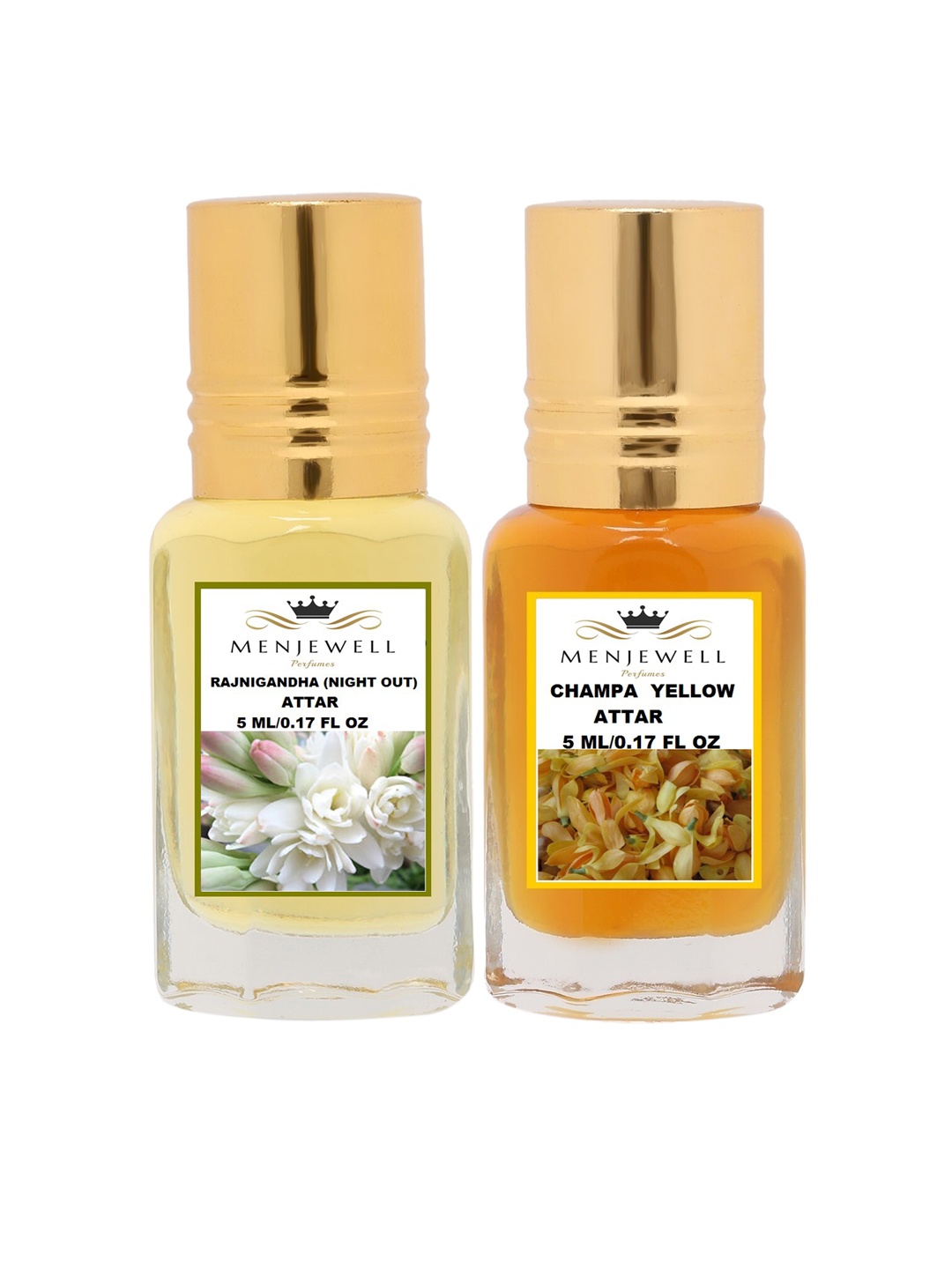 

Menjewell Rajnigandha & Yellow Champa Attar Perfume Each 5ml, Transparent