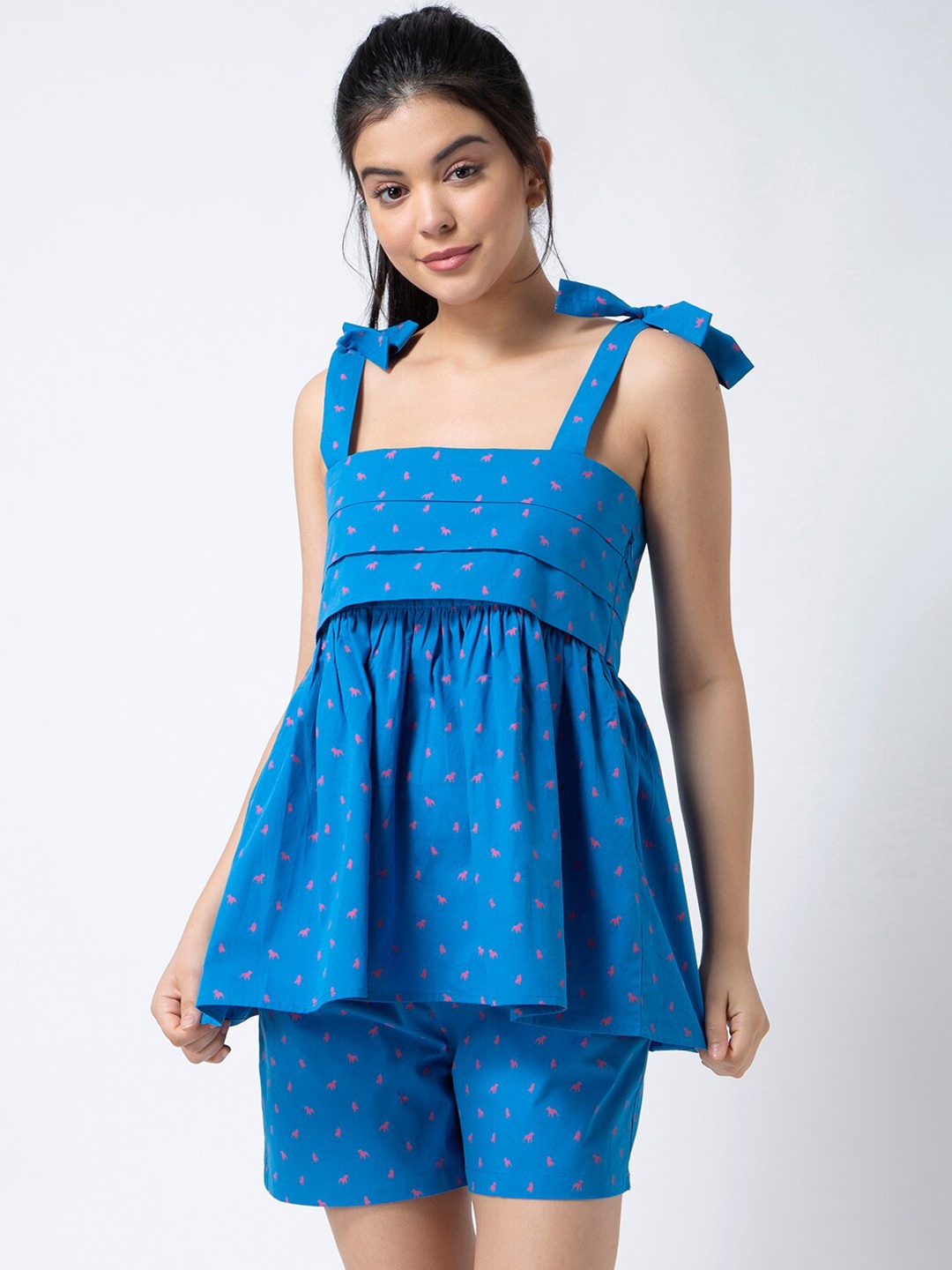 

ADORENITE Women Blue & Pink Printed Night Suit