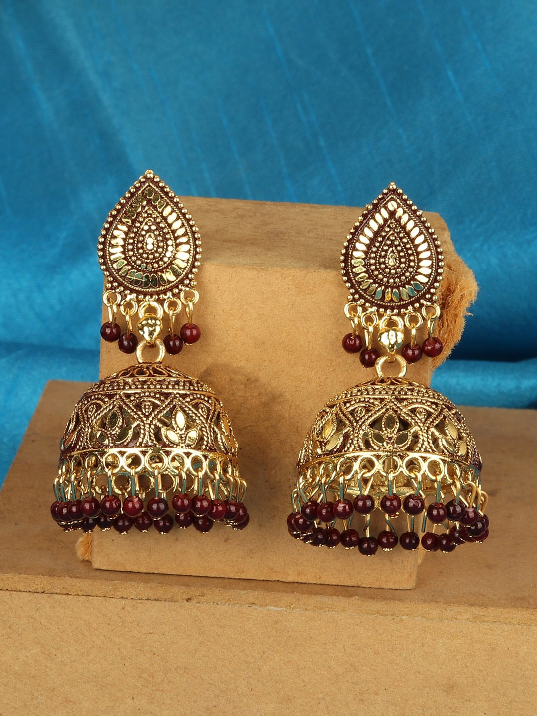 

ANIKAS CREATION Gold-Plated & Maroon Enamelled Dome Shaped Jhumkas