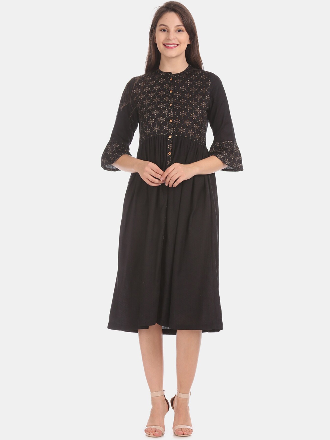 

Karigari Women Black Self Design Fit and Flare Dress
