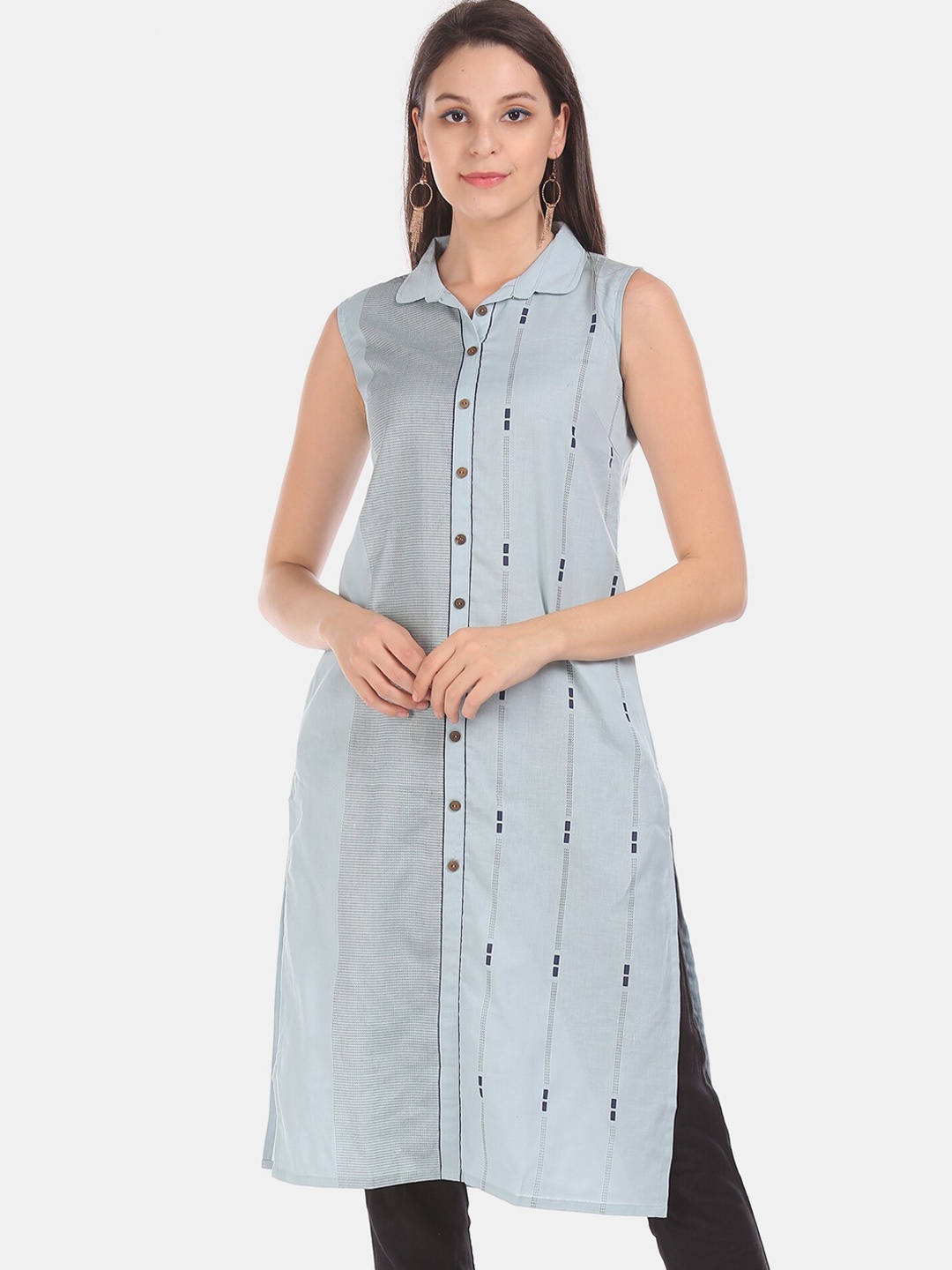 

Karigari Women Grey & Blue Striped A-Line Kurta