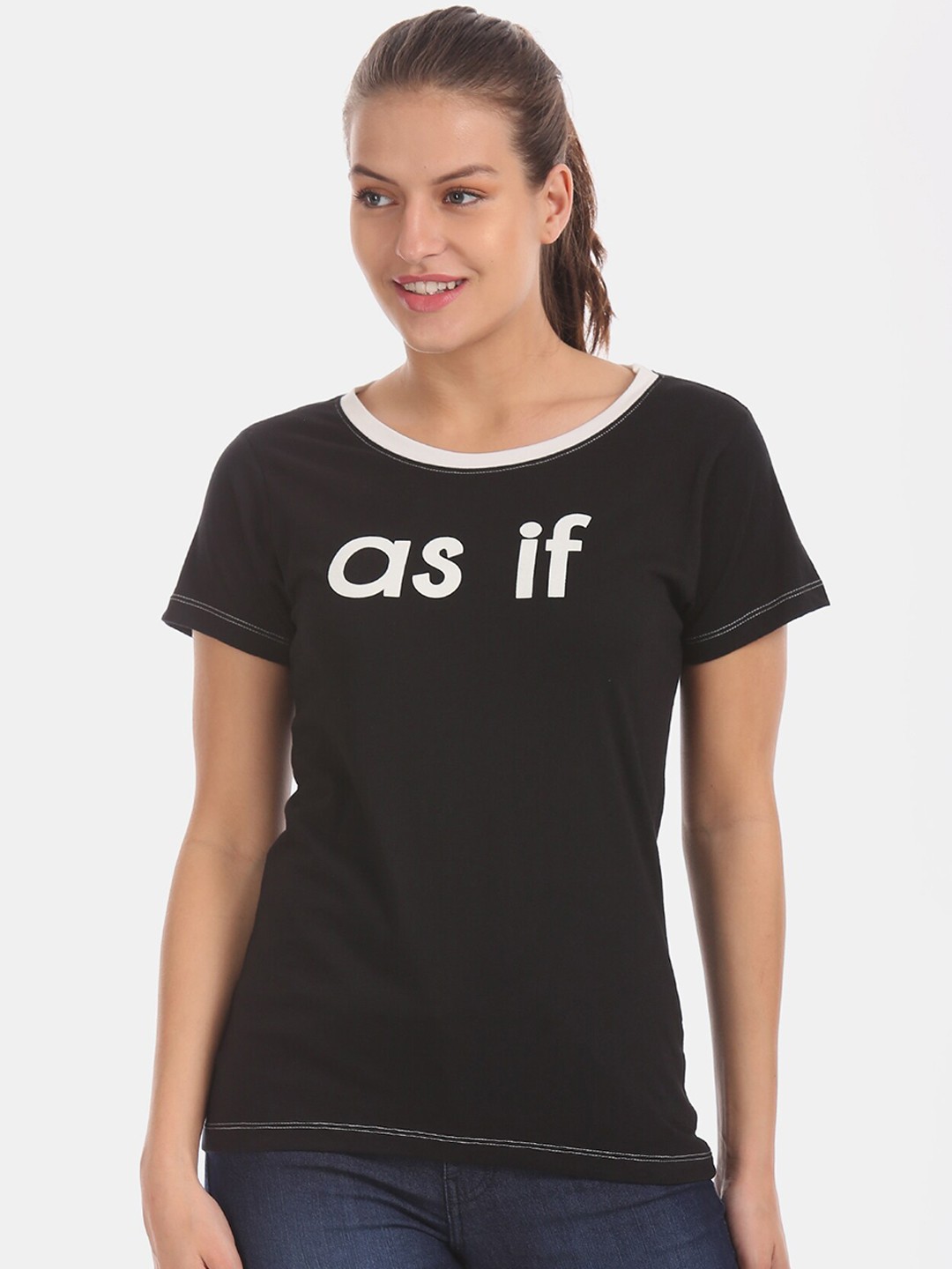 

Sugr Women Black Printed Round Neck T-shirt