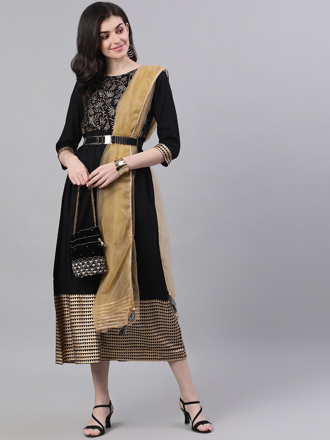 

Nayo Women Black Printed A-Line Dress