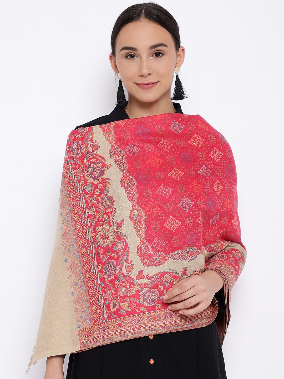 

Pashmoda Women Pink Woven Woolen Faux Pashmina Jamawar Shawl