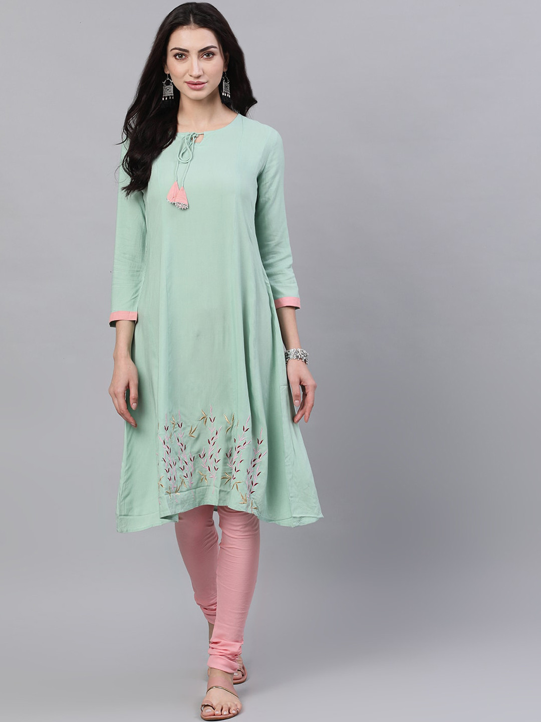 

Nayo Women Green & Pink Embroidered Kurta with Churidar
