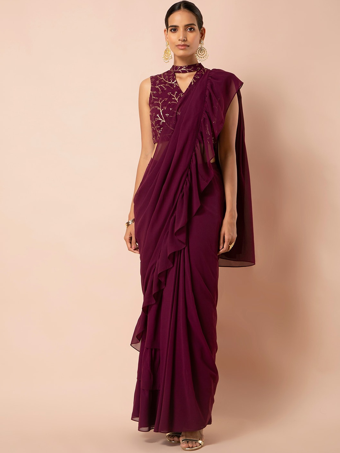 

INDYA Purple Solid Poly Georgette Ready to Wear Ruffled Saree