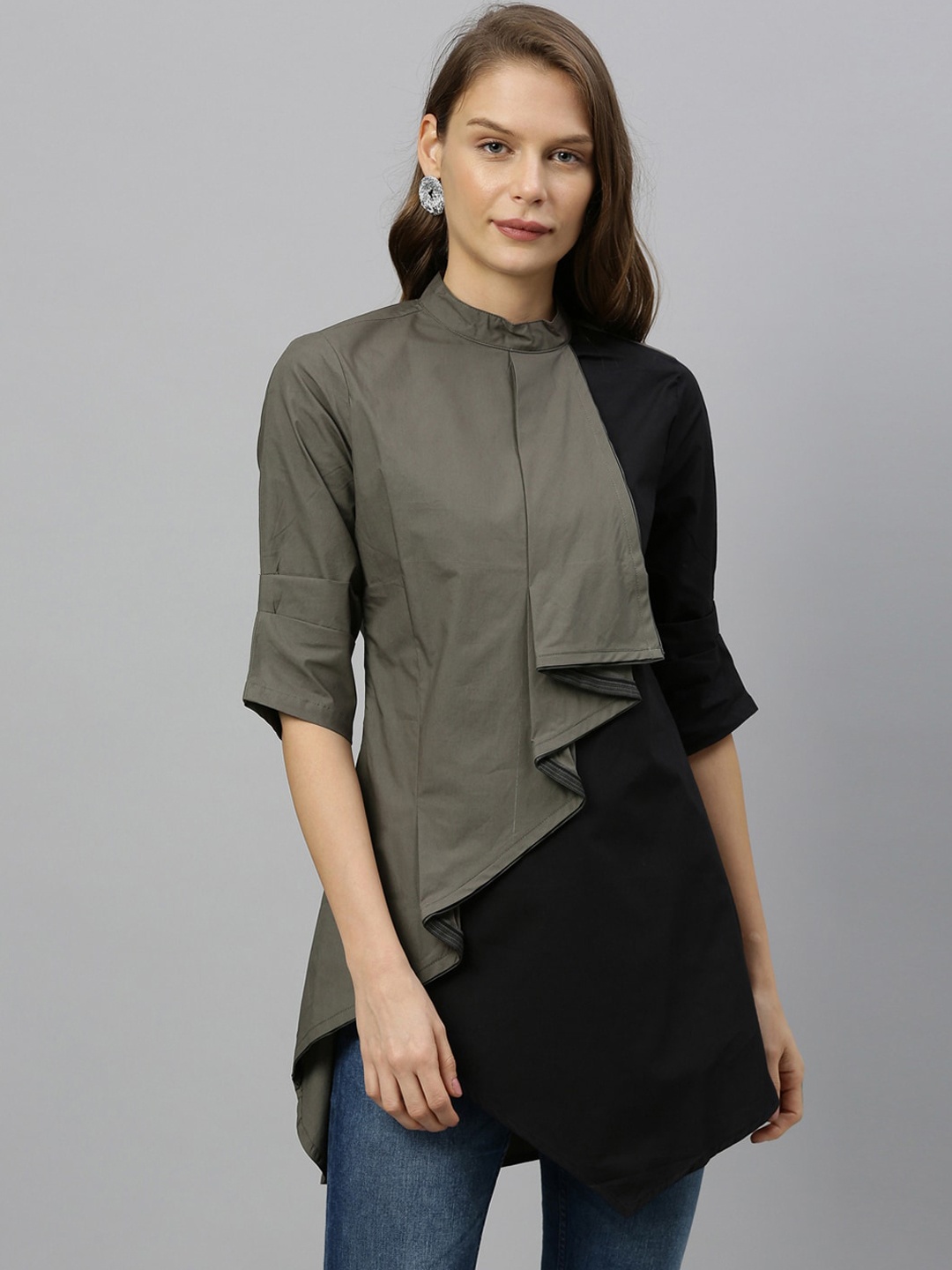 

RAREISM Women Black & Olive Green Colourblocked A-Line Pure Cotton Top