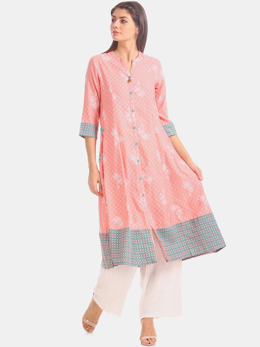 

Anahi Women Peach-Coloured & Grey Woven Design Anarkali Kurta