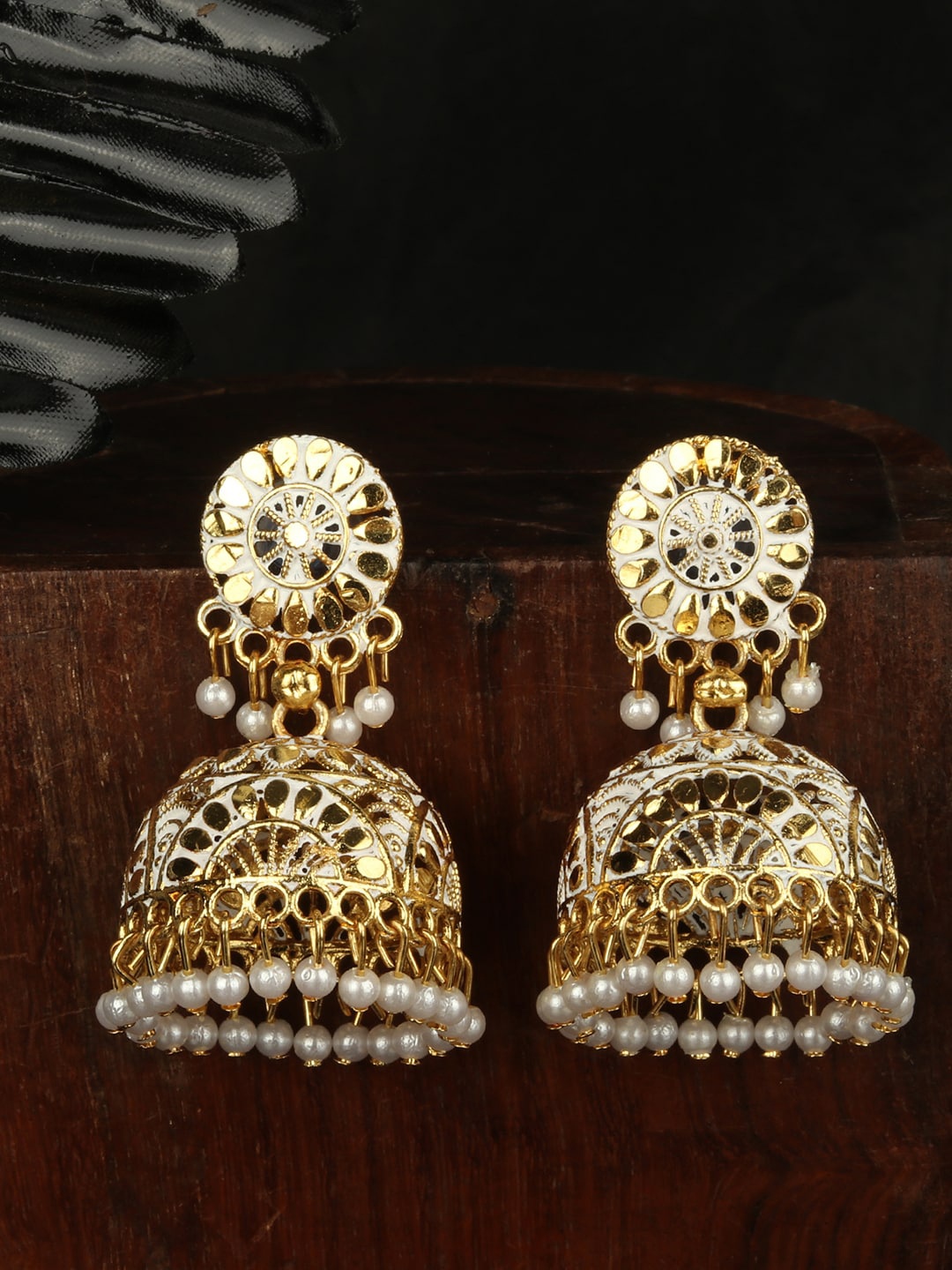 

ANIKAS CREATION Gold-Plated & White Dome Shaped Jhumkas