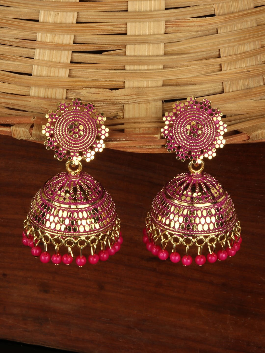ANIKAS CREATION Gold-Plated & Pink Dome Shaped Jhumkas