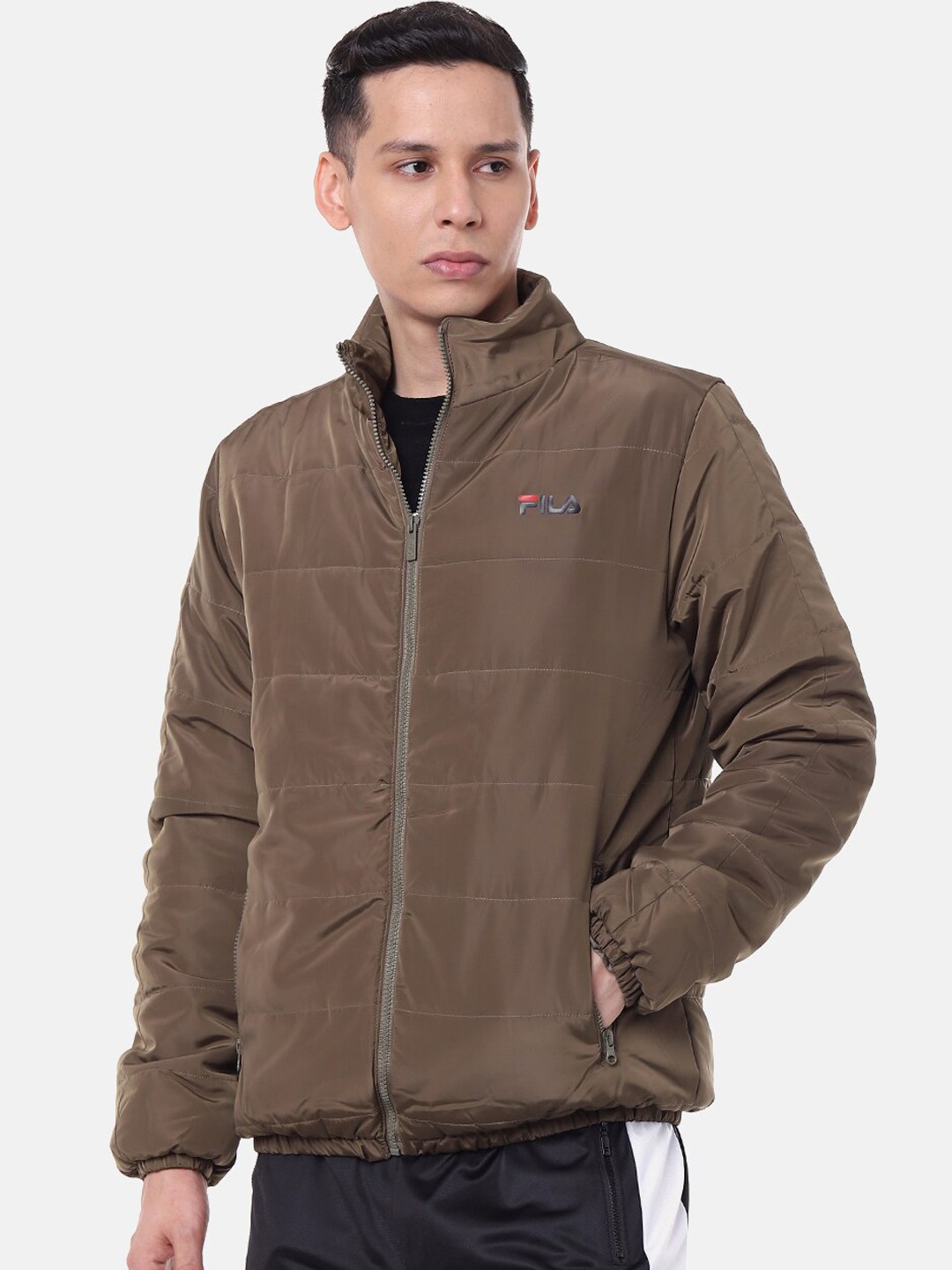

FILA Men Olive Brown Solid Padded Jacket