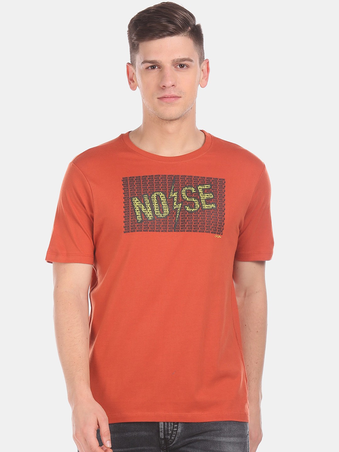 

Colt Men Rust Orange Printed Round Neck Pure Cotton T-shirt