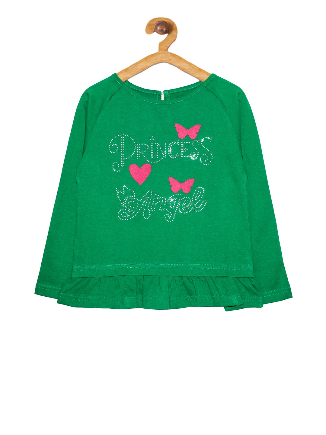 

KiddoPanti Girls Green Printed Round Neck Pure Cotton T-shirt