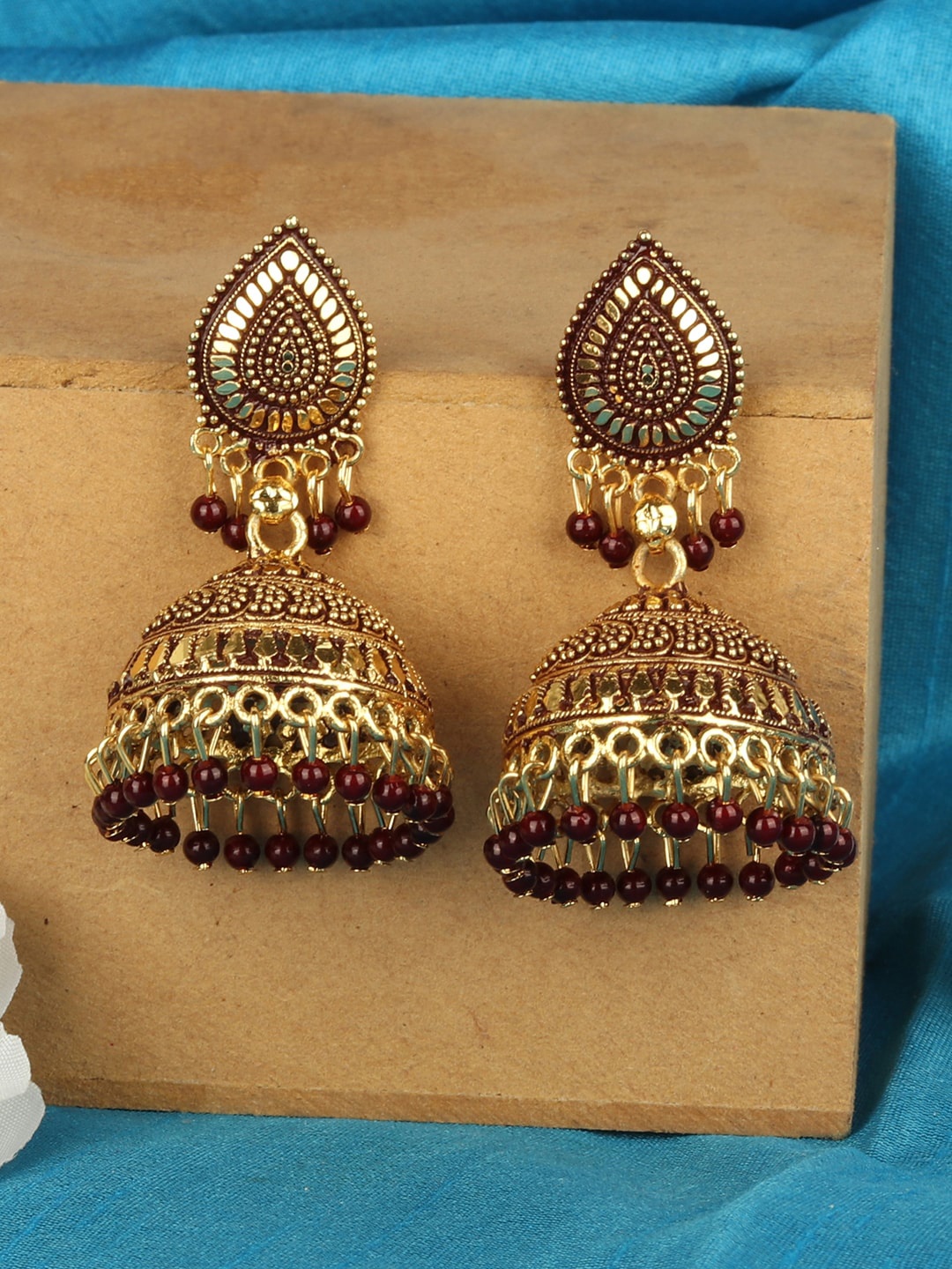 

ANIKAS CREATION Gold-Plated & Maroon Enamelled Dome Shaped Jhumkas