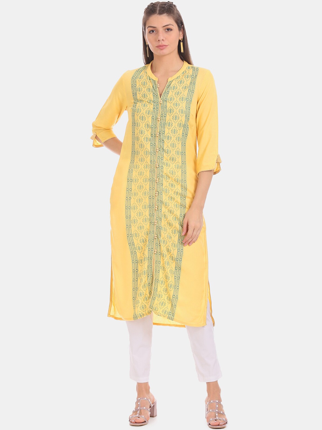 

Karigari Women Mustard Yellow & Blue Printed Straight Kurta