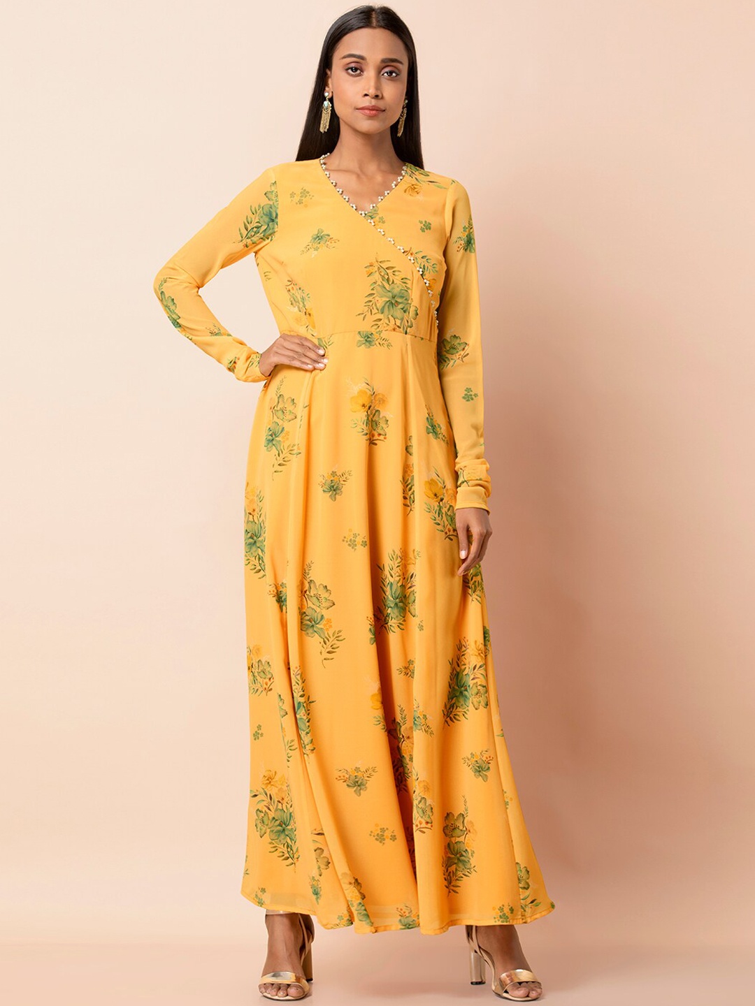 

INDYA Women Yellow Floral Printed Anarkali Kurta