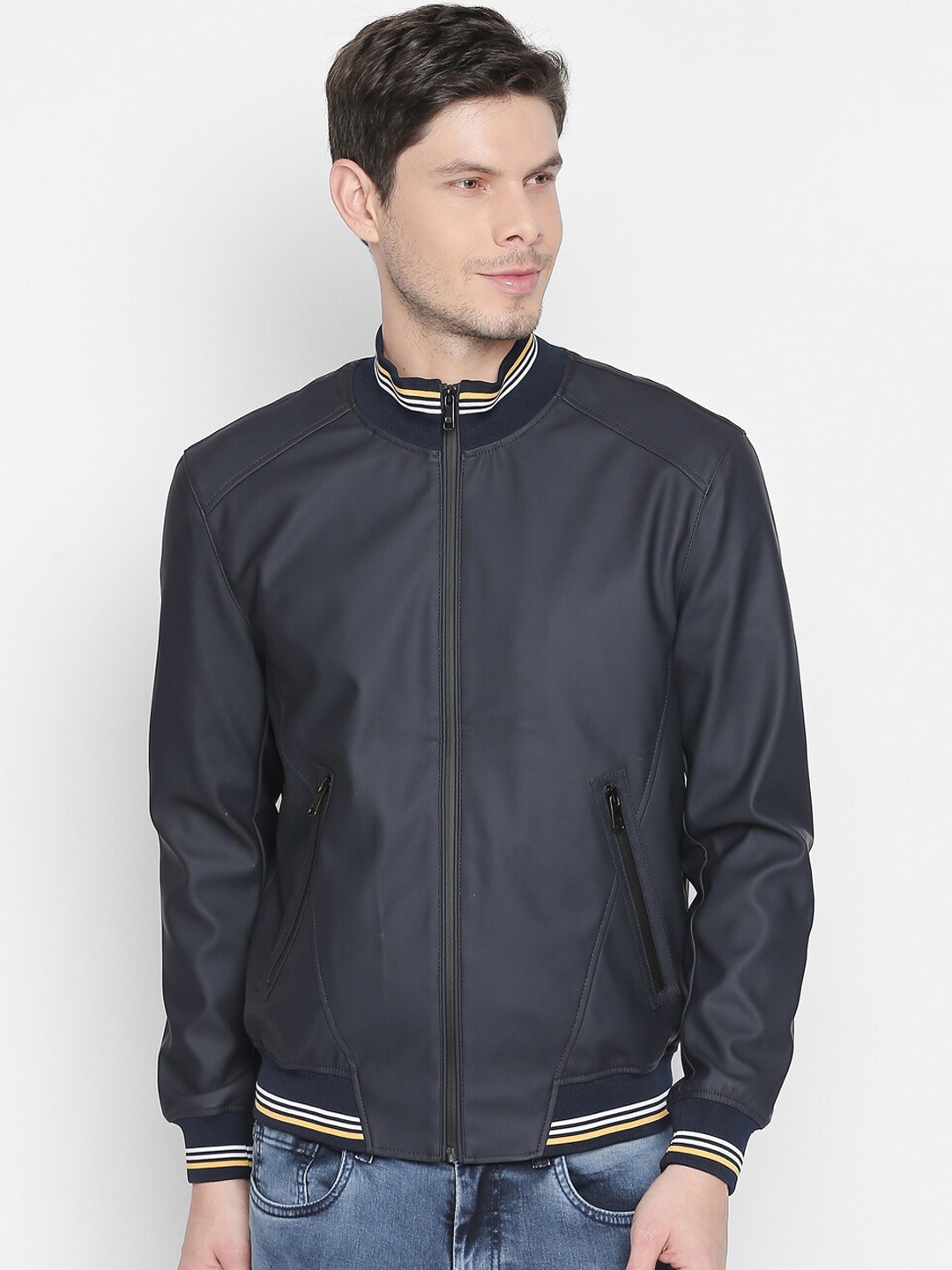 

Basics Men Navy Blue Solid Lightweight Bomber