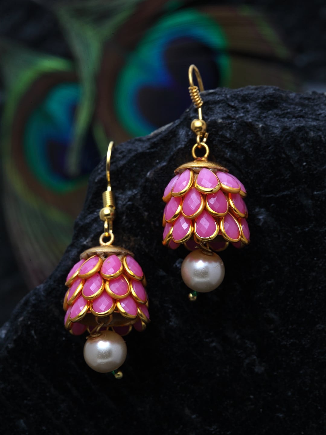 

DUGRISTYLE Pink & Gold-Plated Handcrafted Floral Jhumkas