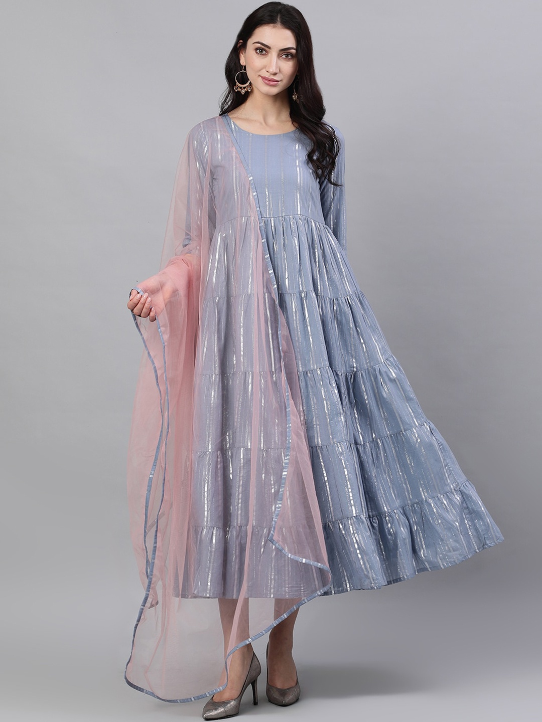 

Nayo Women Grey Striped A-Line Ethnic Dress With Dupatta