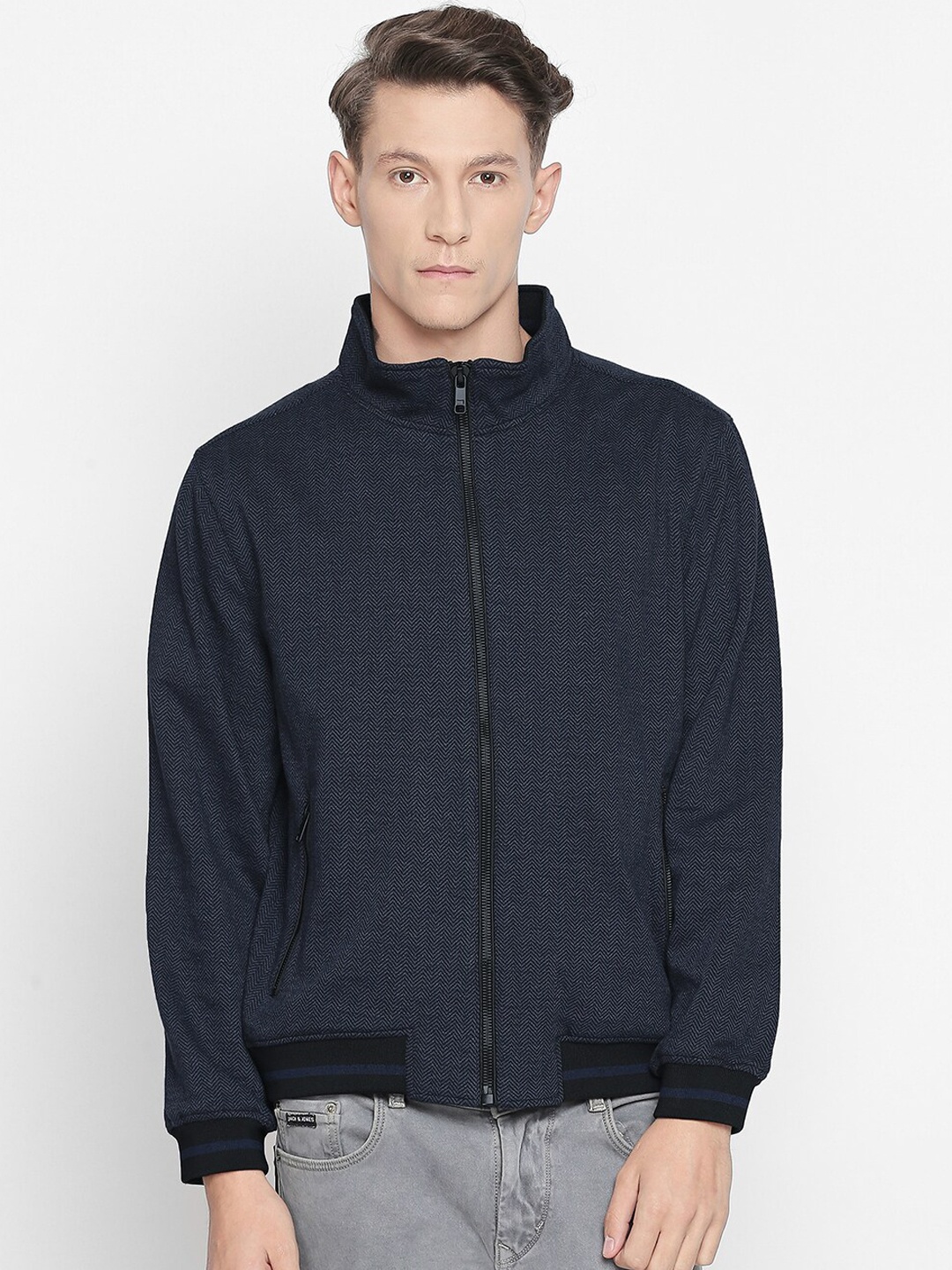 

Basics Men Navy Blue Printed Lightweight Sporty Jacket