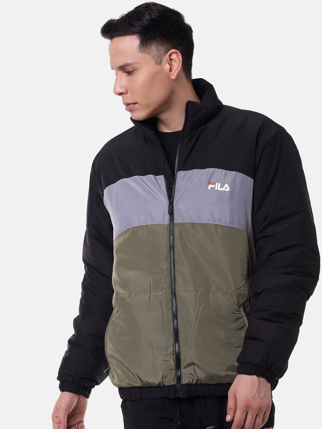 

FILA Men Olive Green & Black Colourblocked Bomber