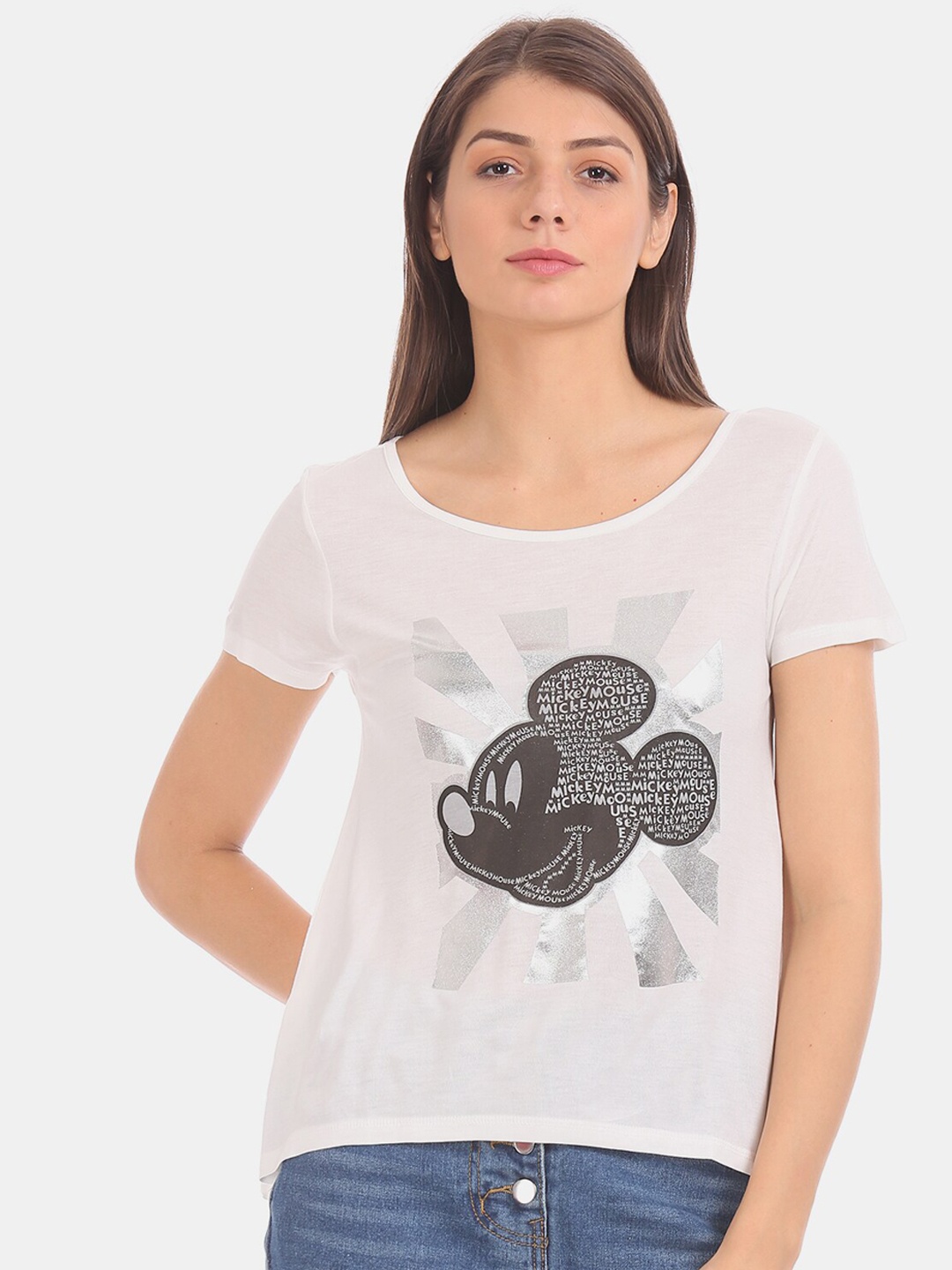 

Sugr Women Off-White Printed Round Neck T-shirt