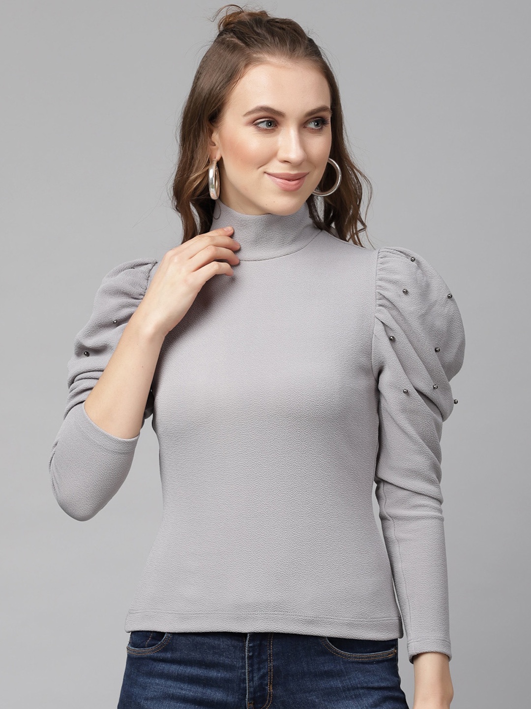 

KASSUALLY Women Grey Solid Fitted Top