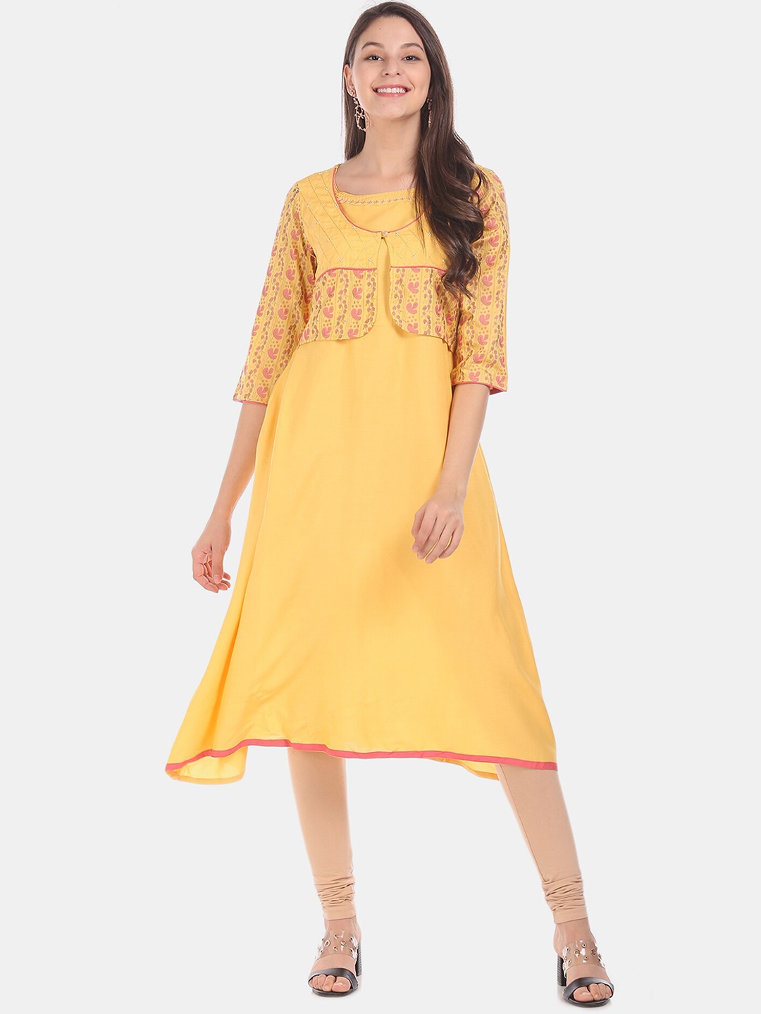

Karigari Women Yellow Yoke Design A-Line Kurta
