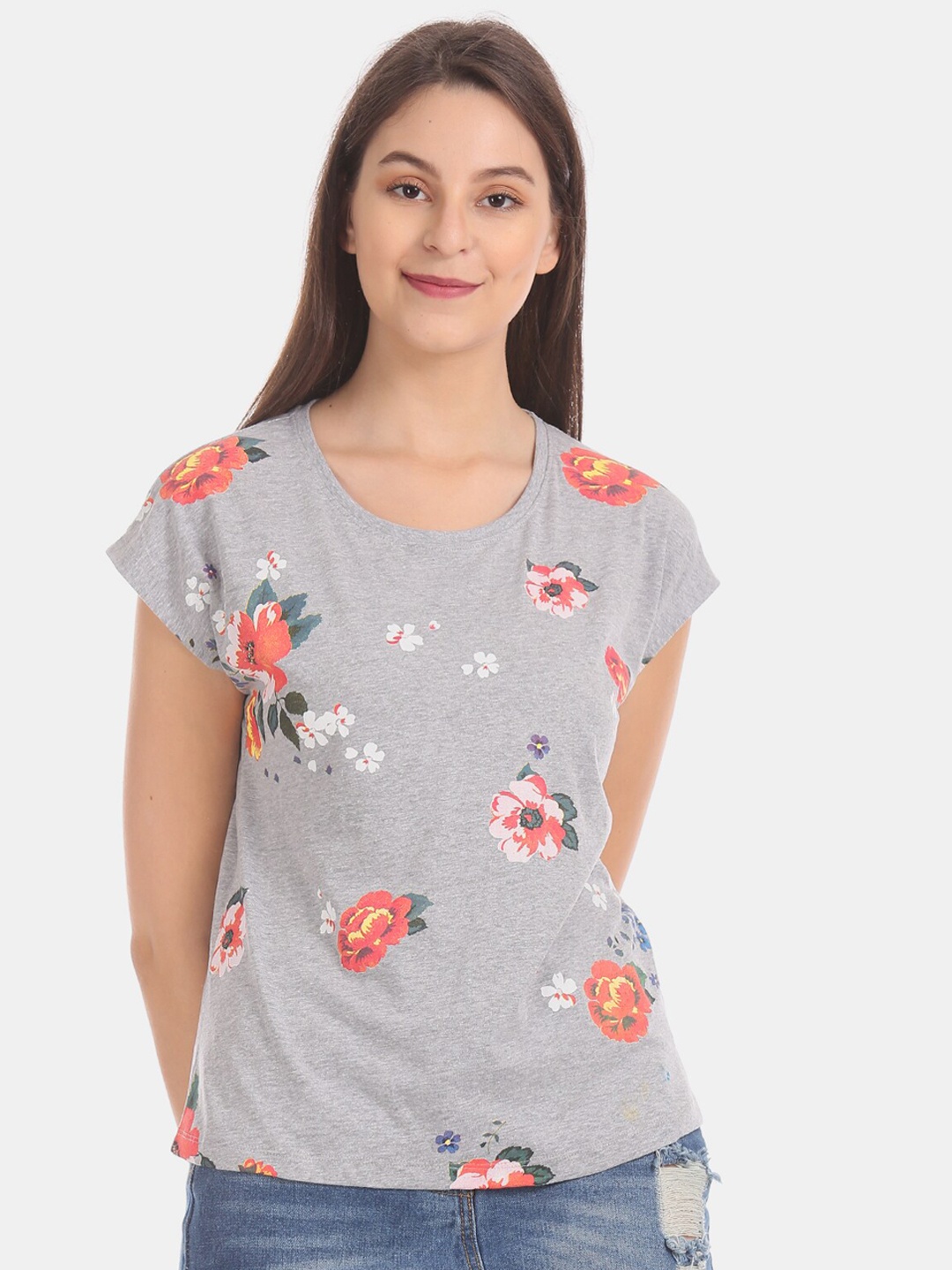 

Sugr Women Grey & Orange Floral Print Pure Cotton Top