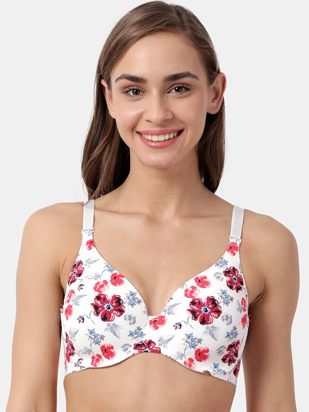 

shyaway White & Red Floral Printed Under-Wired Lightly Padded Everyday Bra SY91034