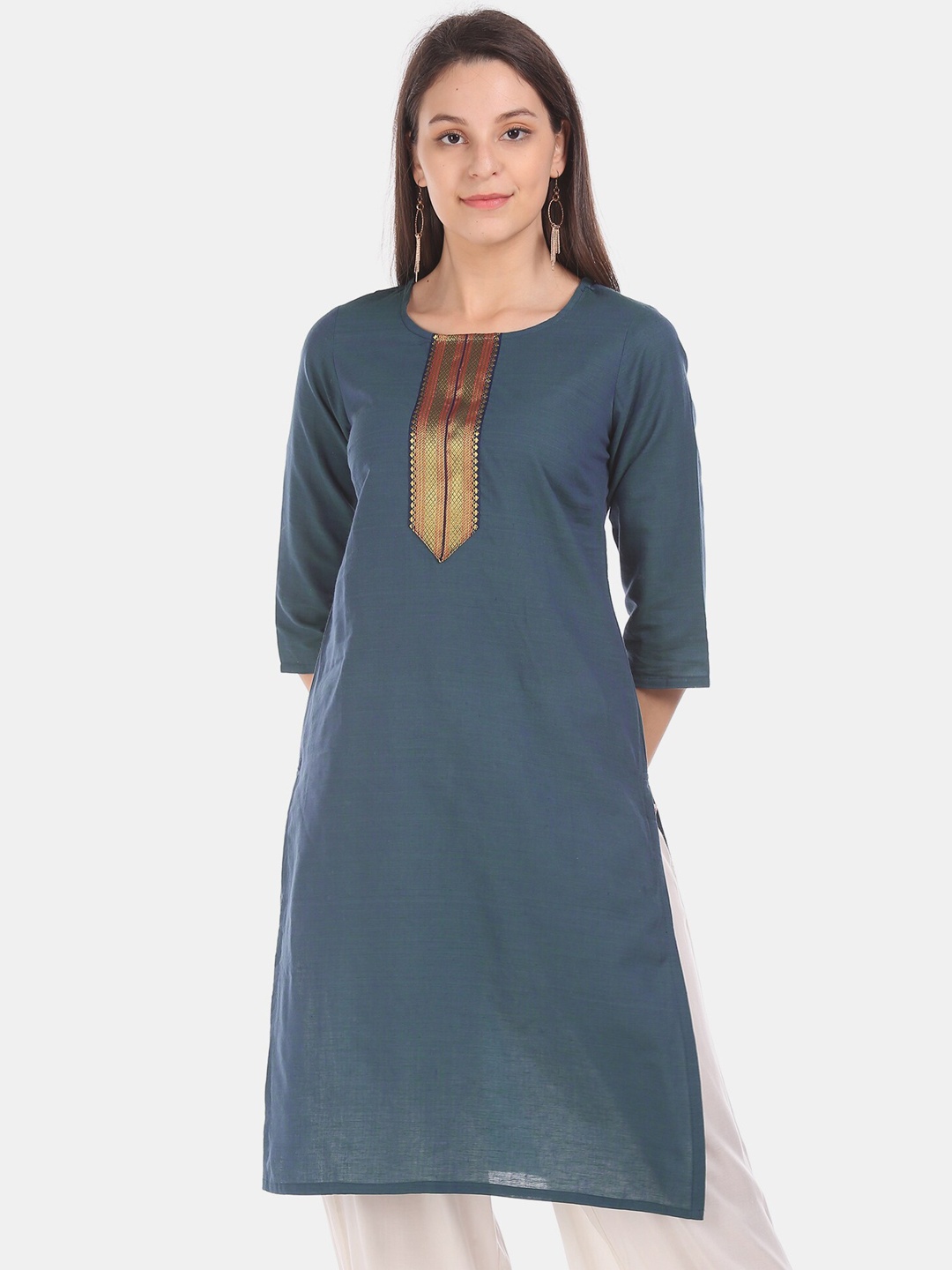 

Karigari Women Teal Green & Gold-Coloured Yoke Design Straight Kurta