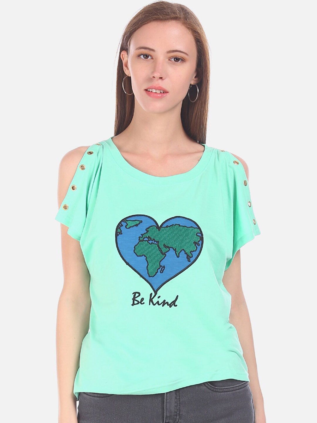 

Sugr Women Green & Blue Printed Pure Cotton Top