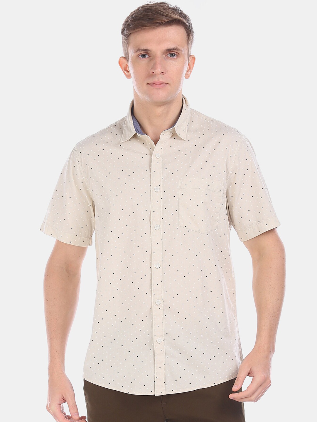 Ruggers Men Beige & Navy Blue Regular Fit Printed Casual Shirt