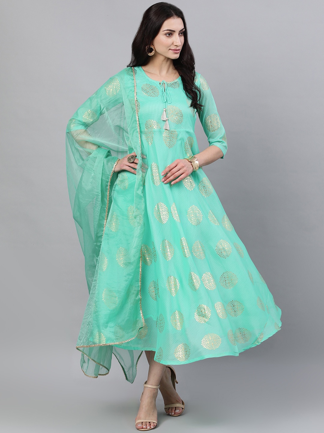 

Nayo Women Green Printed Empire Dress With Dupatta