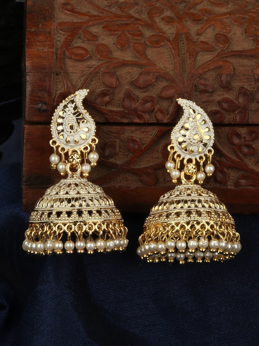 

ANIKAS CREATION White & Gold-Plated Paisley Shaped Jhumkas
