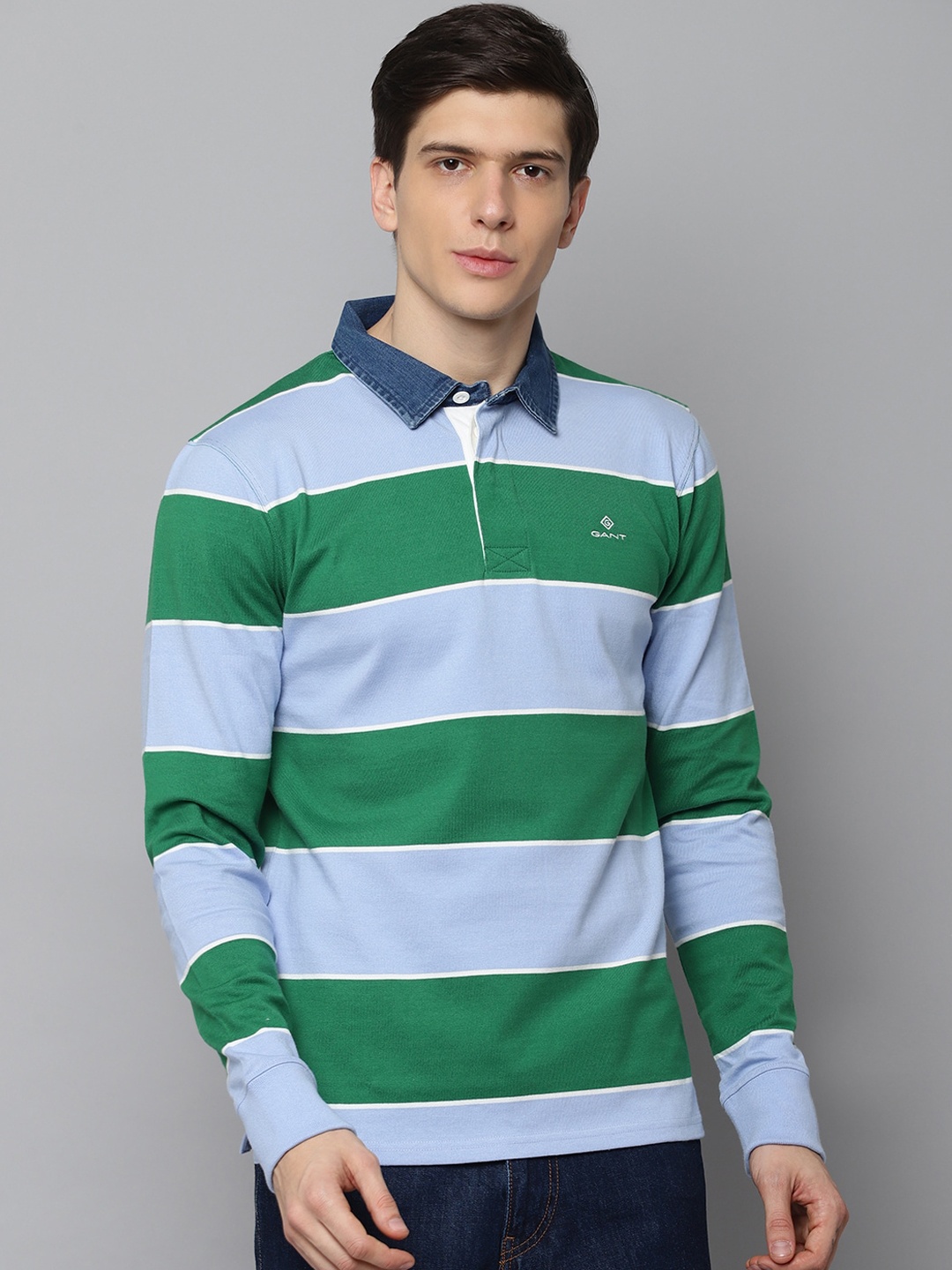 

GANT Men Green Blue Striped Polo Collar Pure Cotton T-shirt