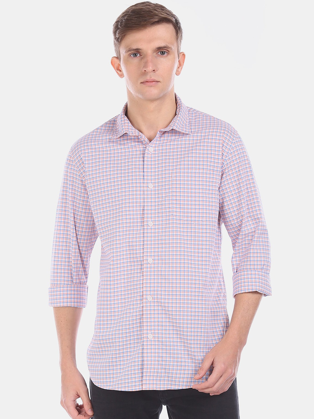 

Ruggers Men Blue & Orange Regular Fit Checked Casual Shirt