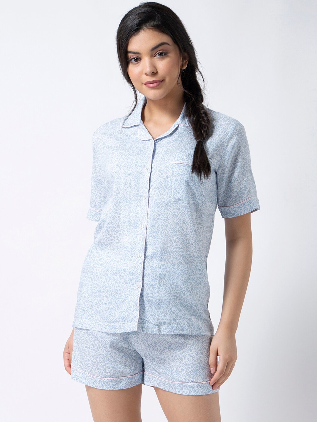 

ADORENITE Women Blue & White Floral-Print Night Suit