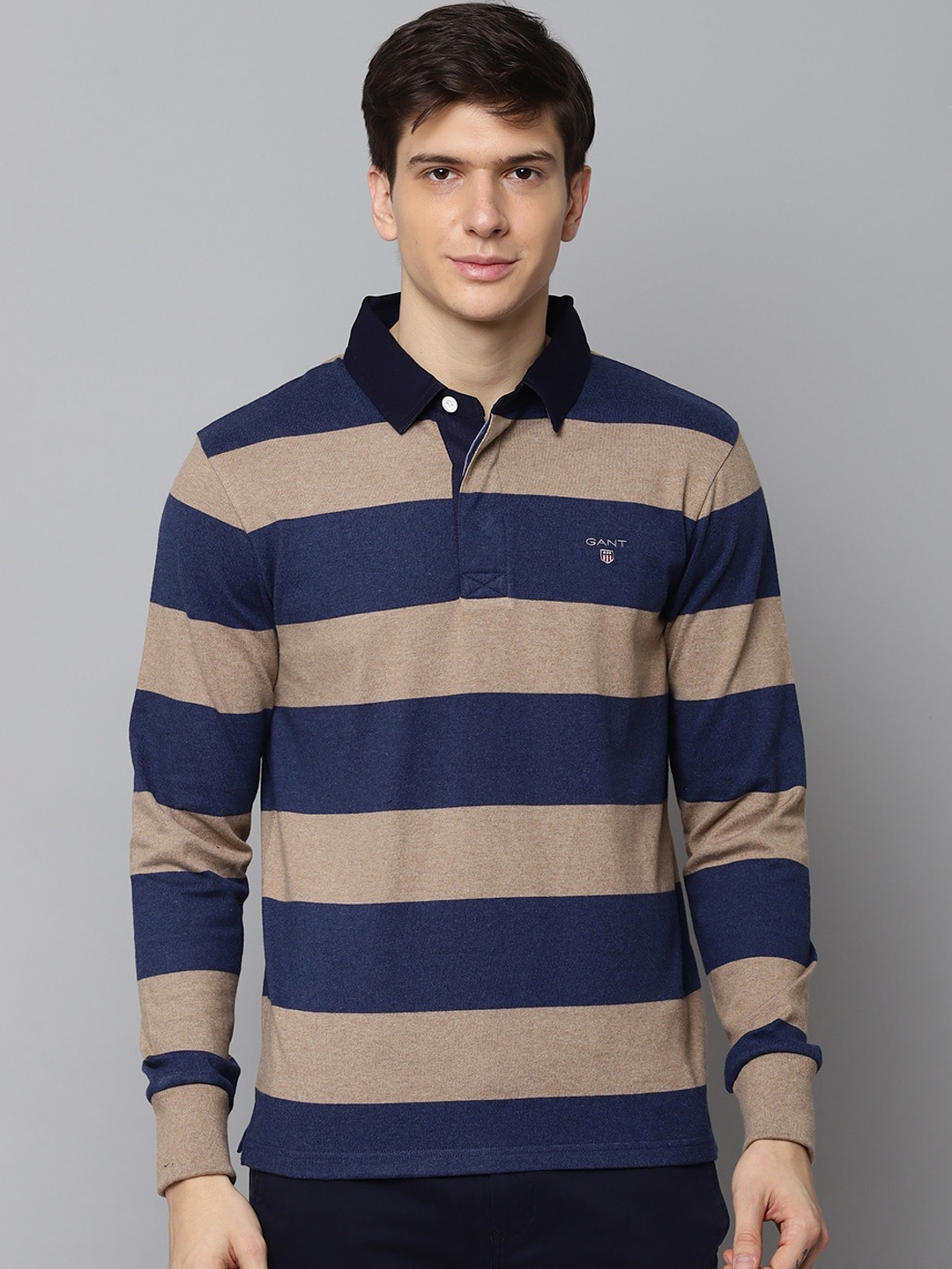 

GANT Men Brown Blue Striped Polo Collar Pure Cotton T-shirt
