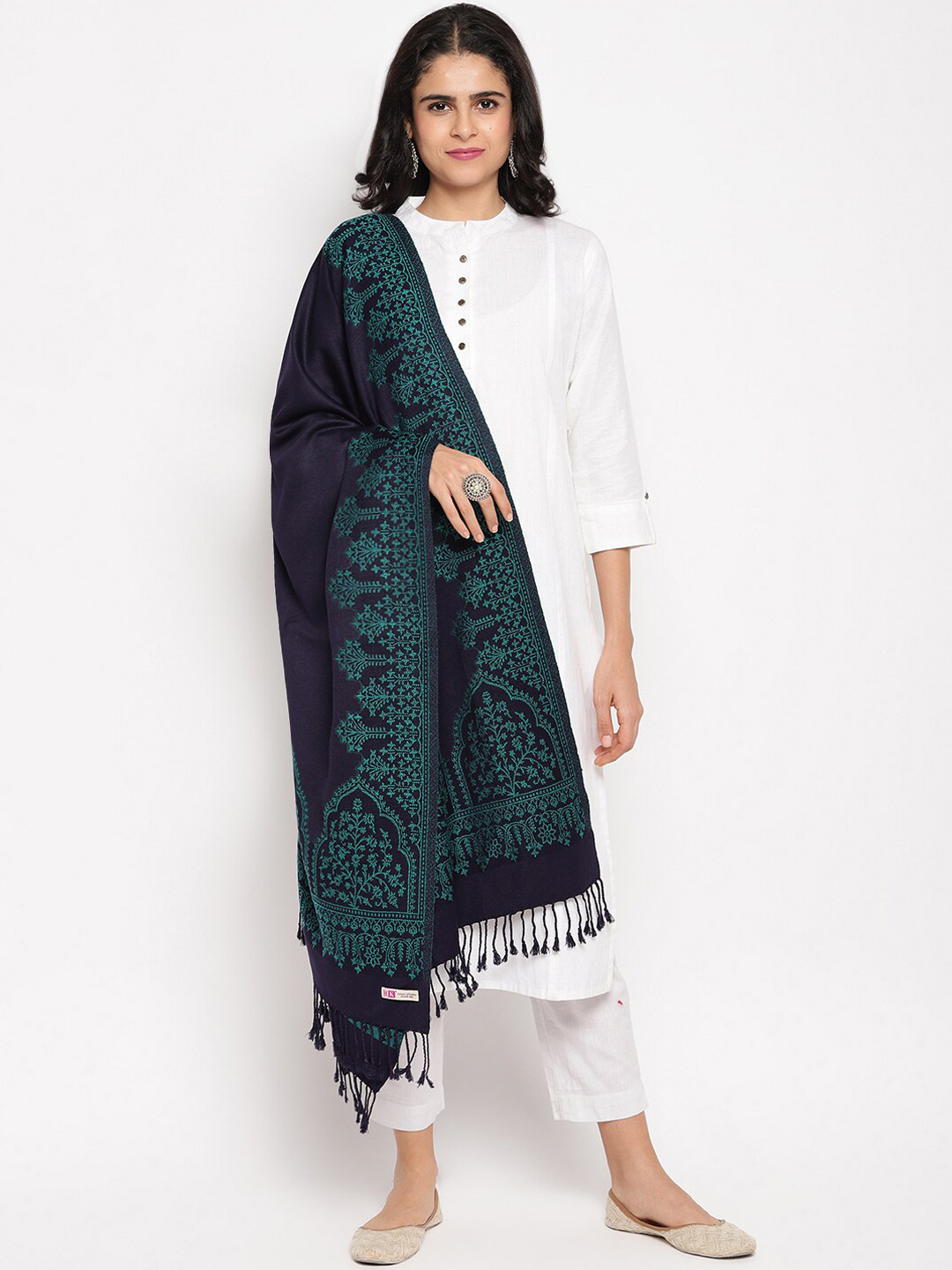 

HK colours of fashion Women Navy Blue Woven Design Stole With Tasselled Border