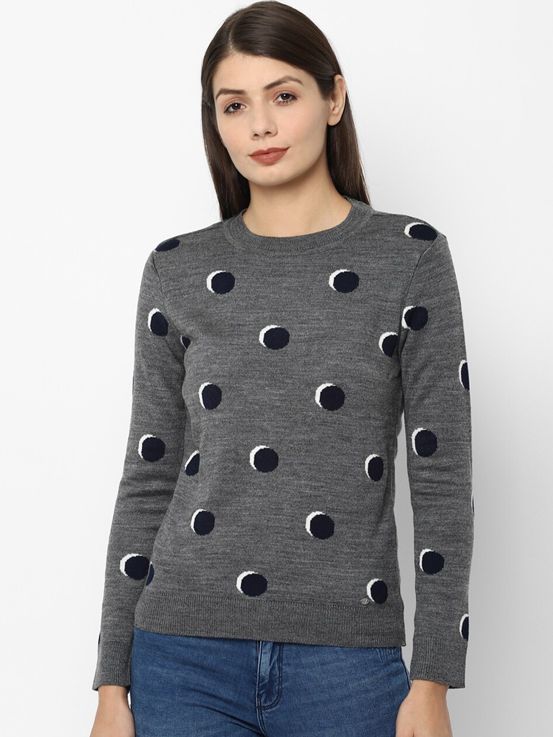 Allen Solly Woman Grey & Black Dot Printed Pullover