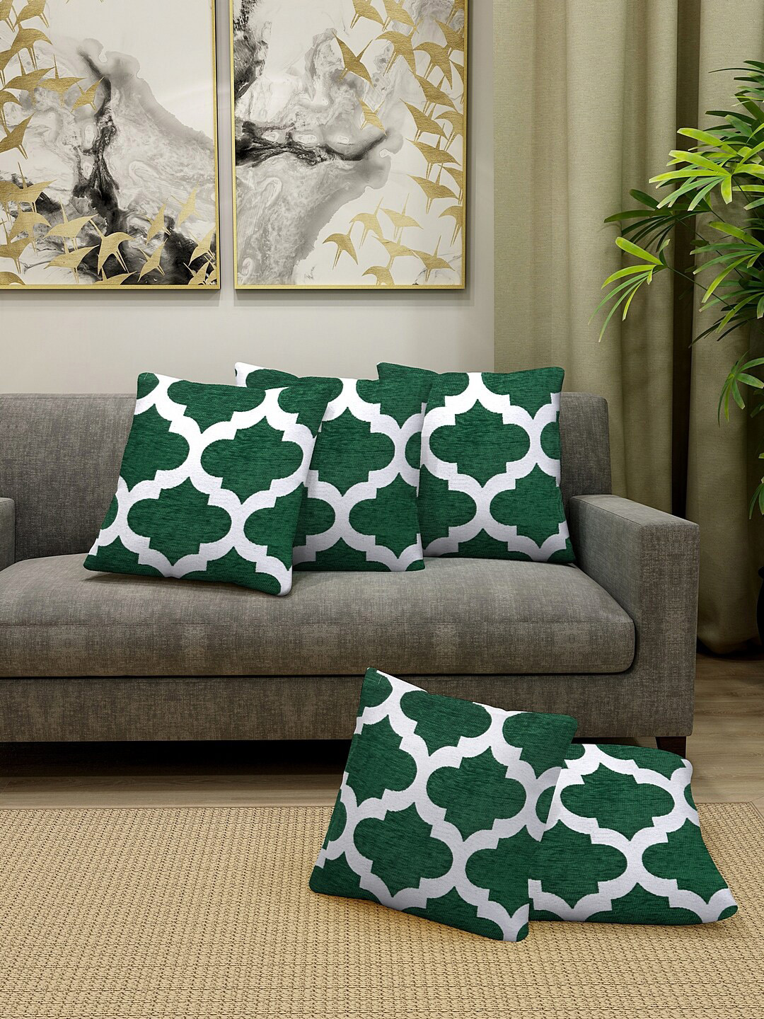 

KLOTTHE Set Of 5 Green & White Self-Design Square Cushion Covers