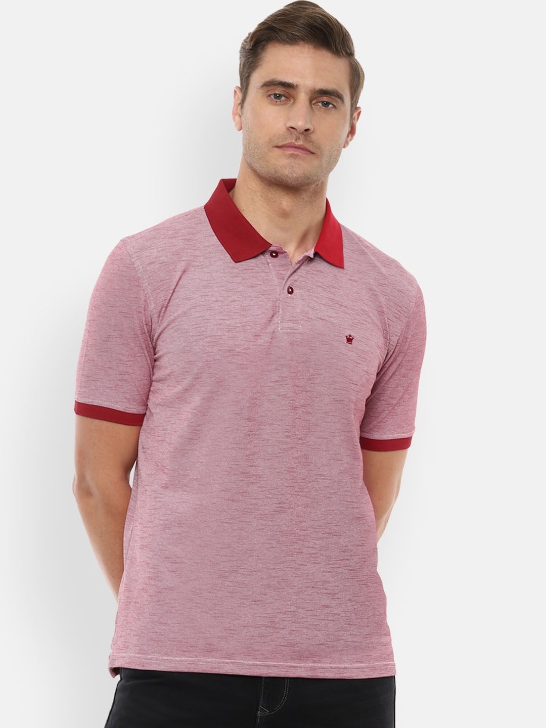 

Louis Philippe Men Red Self Design Polo Collar T-shirt