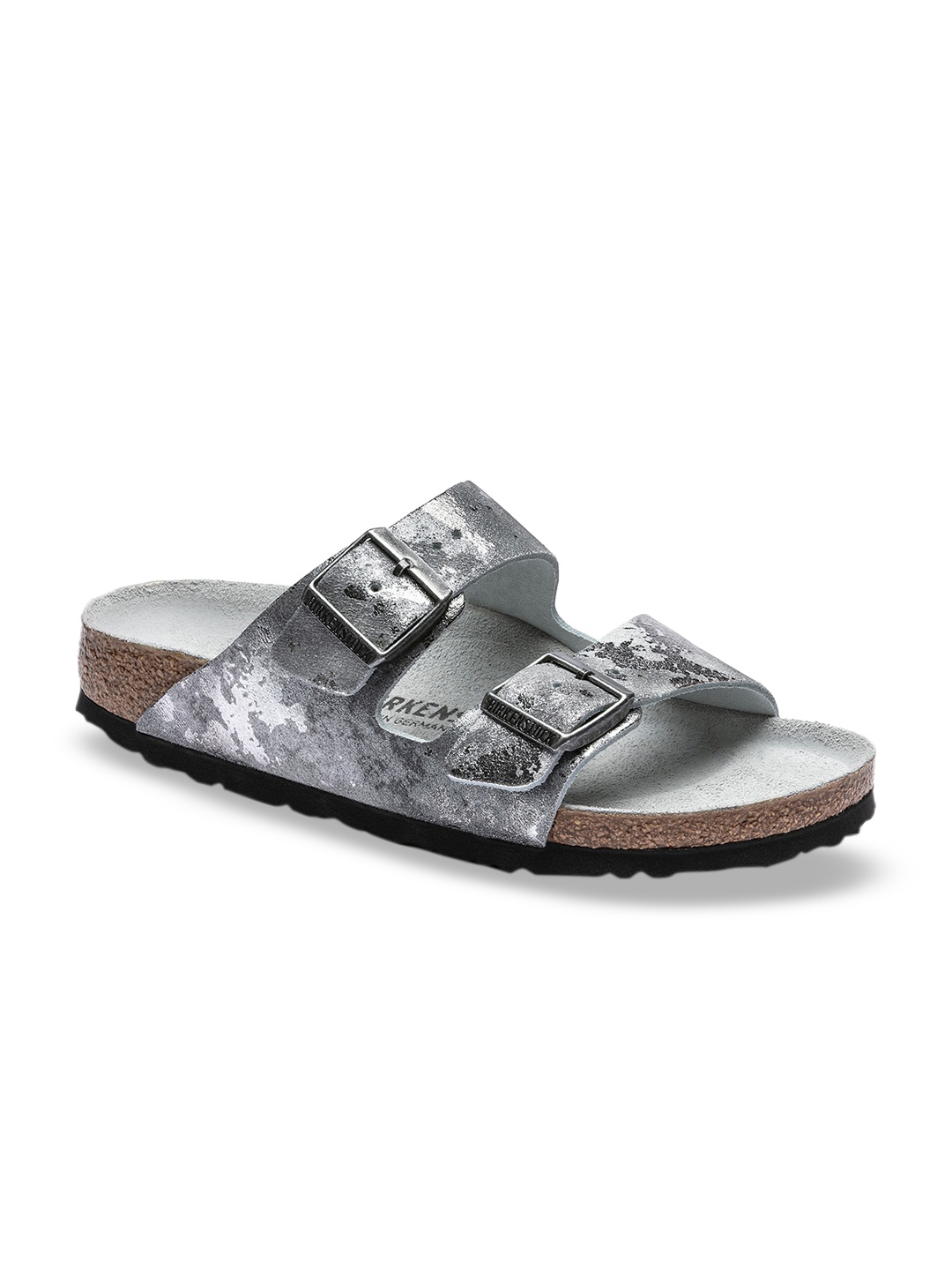 

Birkenstock Women Silver-Toned Suede Arizona Narrow Width Flats