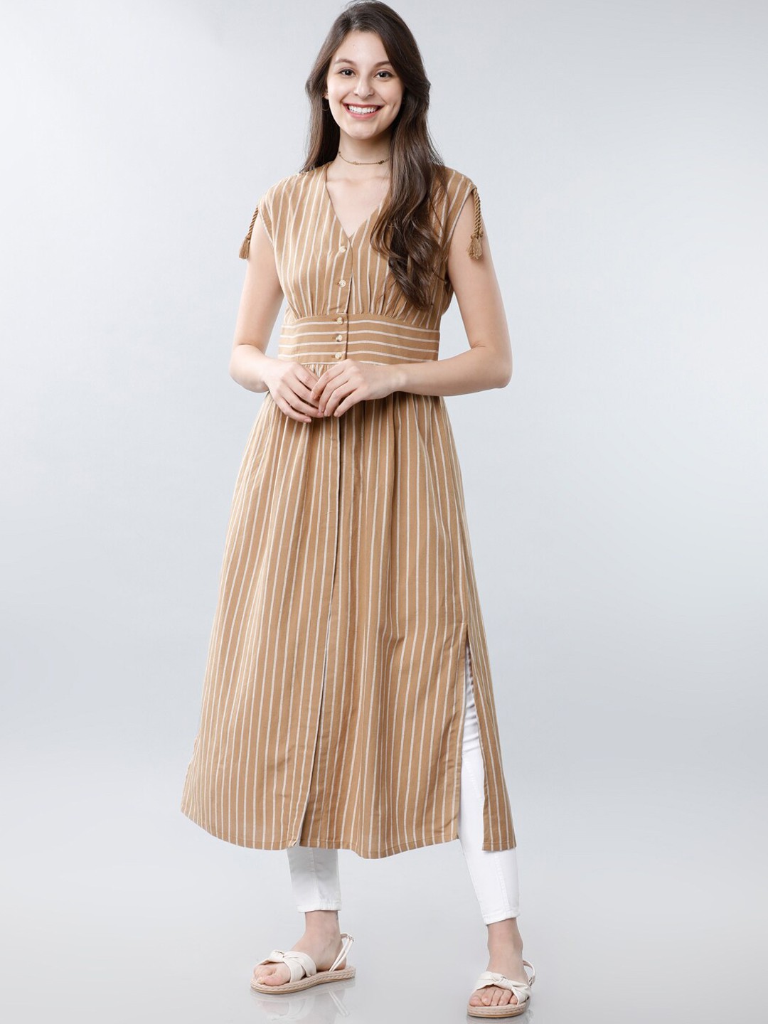 

Tokyo Talkies Women Khaki Striped Tunics