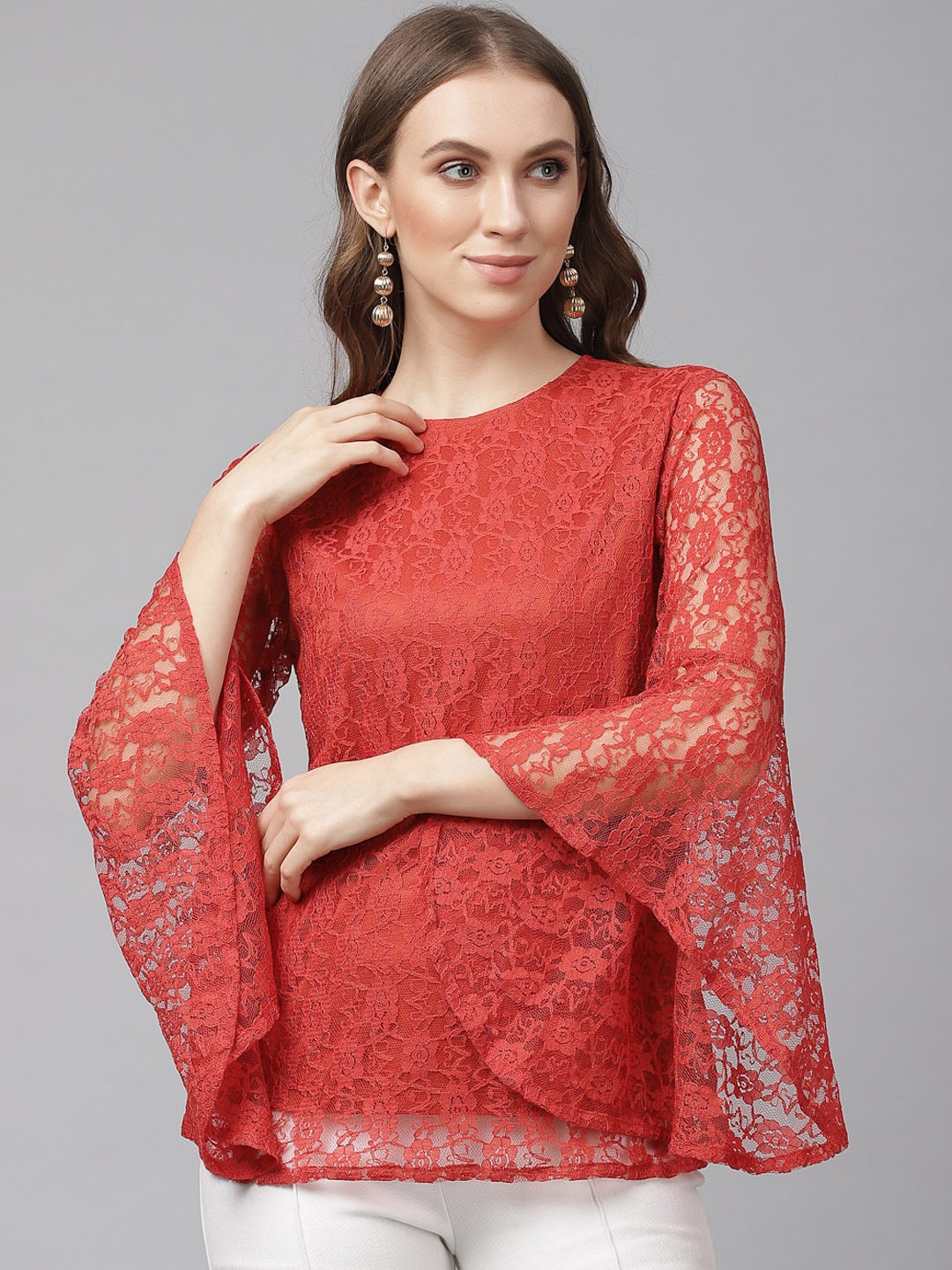 

KASSUALLY Women Rust Red Self Design Lace Top, Coral