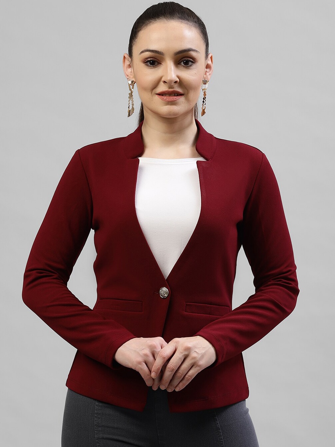 URBANGRACE BY KASSUALLY Women Burgundy Solid Single-Breasted Canton Blazer